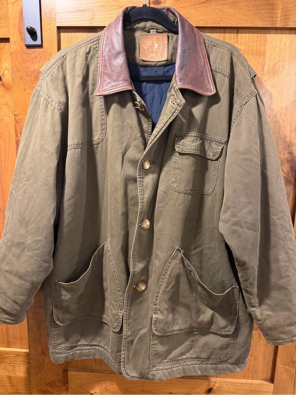 Ami Olive Canvas Field Jacket with Brown Leather Collar